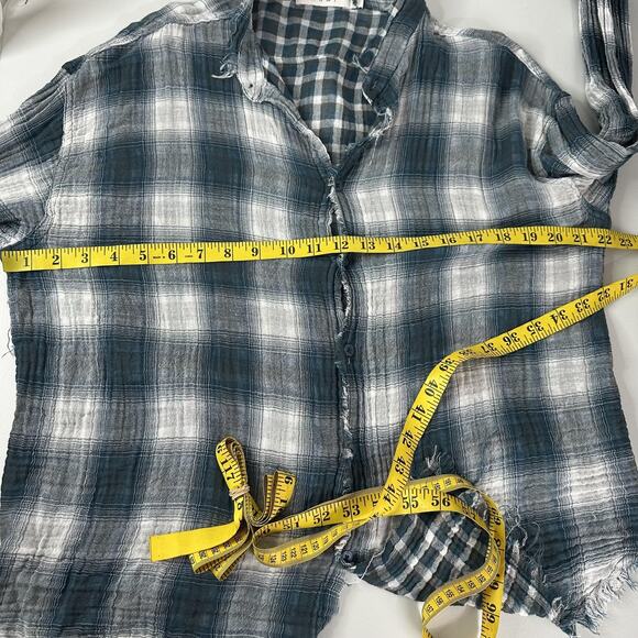 mnml Shirt Womens Large Blue Gray Plaid Frayed Gauze Distressed Button Up Top - Picture 8 of 10